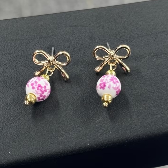 NEW Cute Gold and Pink Bow Cherry Blossom Ceramic Bead Earrings 🌸 main image 5